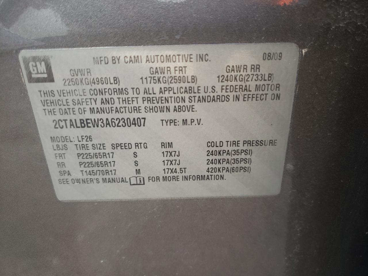 Photo 10 from auction – 2010 GMC TERRAIN SL with VIN 2CTALBEW3A6230407