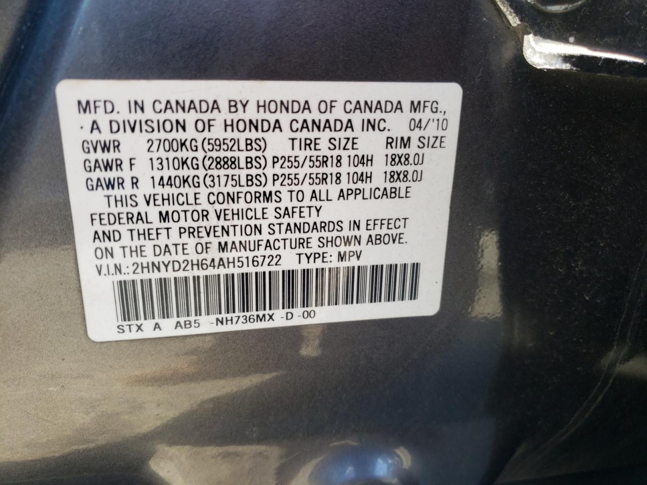 Photo 10 from auction – 2010 ACURA MDX TECHNO with VIN 2HNYD2H64AH516722