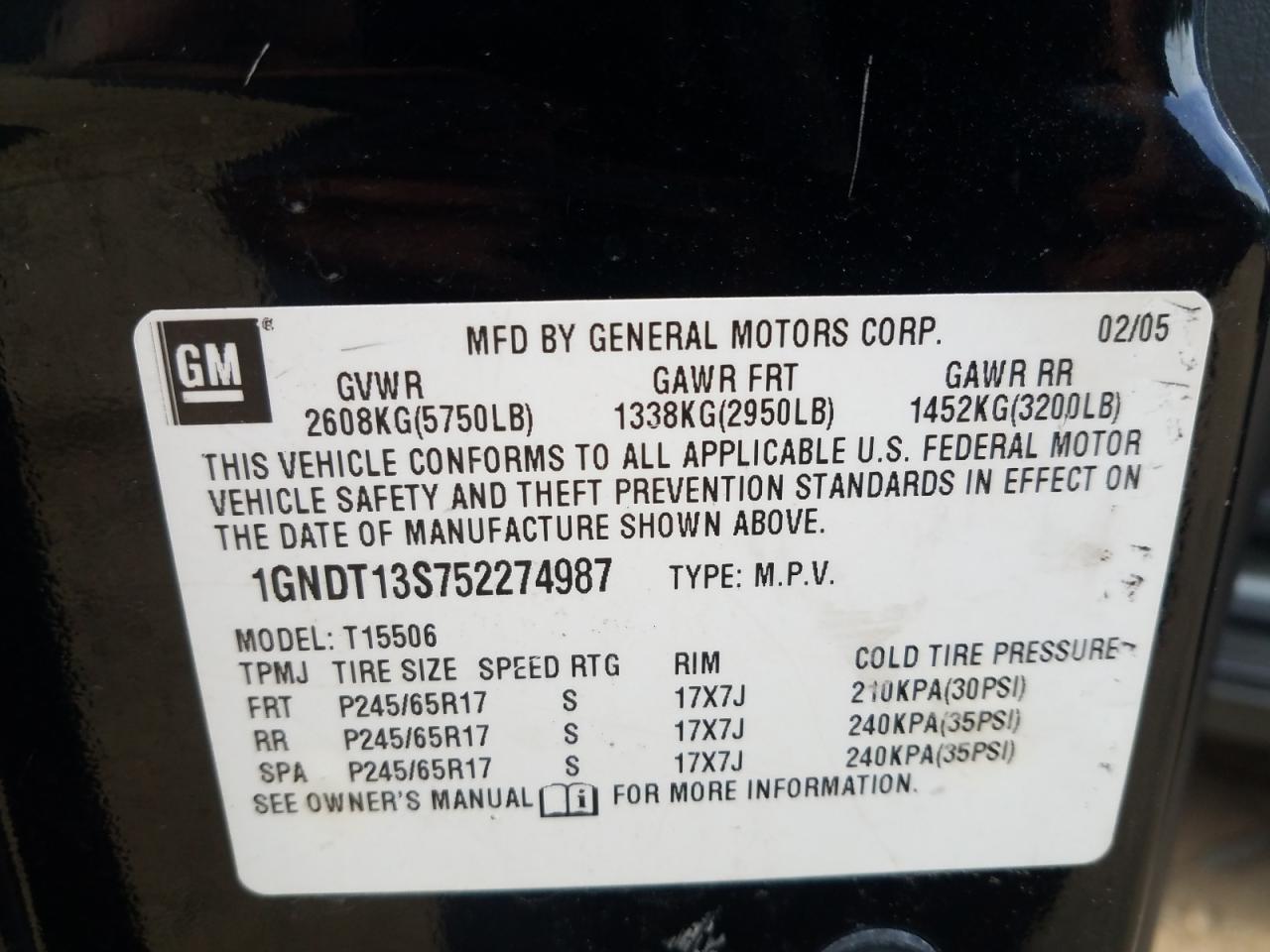 Photo 10 from auction – 2005 CHEVROLET TRAILBLAZE with VIN 1GNDT13S752274987
