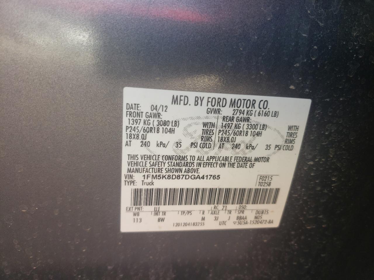 Photo 10 from auction – 2013 FORD EXPLORER X with VIN 1FM5K8D87DGA41765