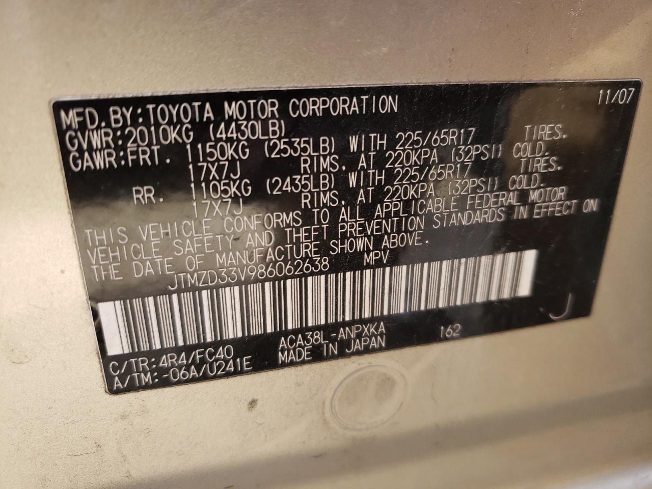 Photo 10 from auction – 2008 TOYOTA RAV4 with VIN JTMZD33V986062638