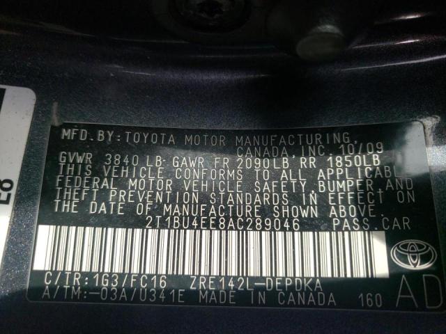 Photo 10 from auction – 2010 TOYOTA COROLLA BA with VIN 2T1BU4EE8AC289046