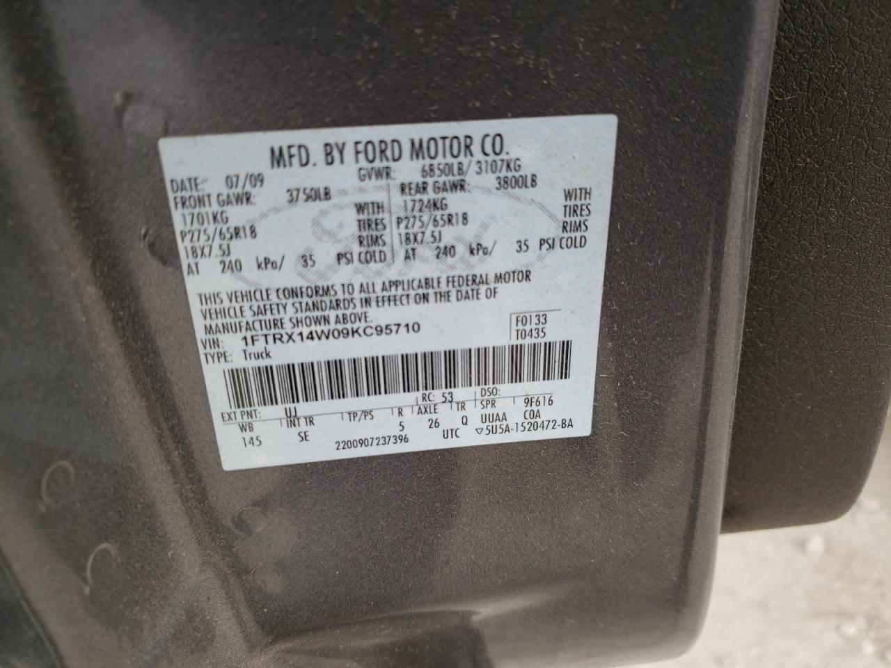 Photo 10 from auction – 2009 FORD F150 SUPER with VIN 1FTRX14W09KC95710