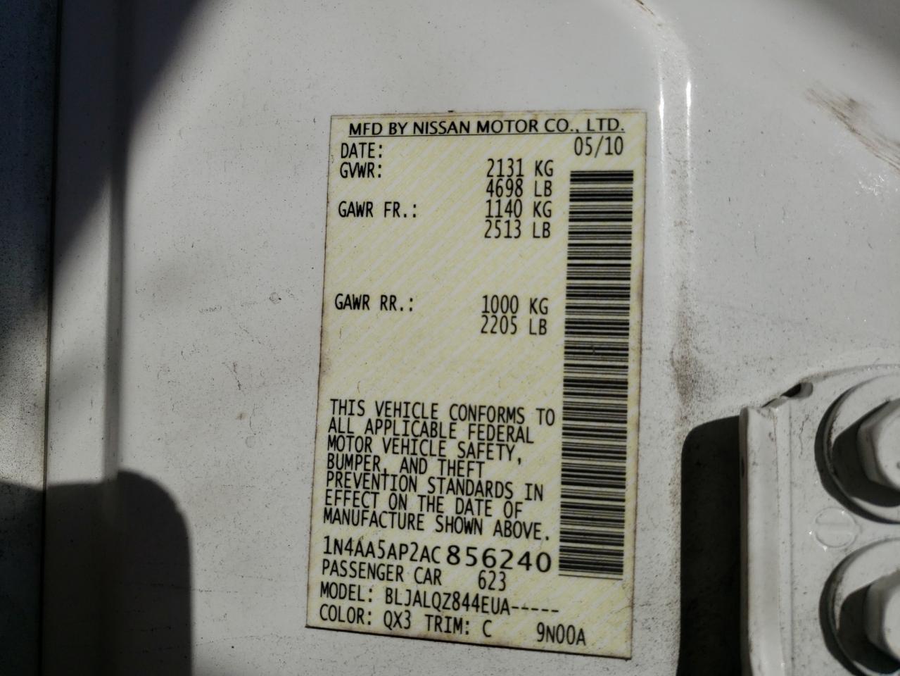 Photo 10 from auction – 2010 NISSAN MAXIMA S with VIN 1N4AA5AP2AC856240