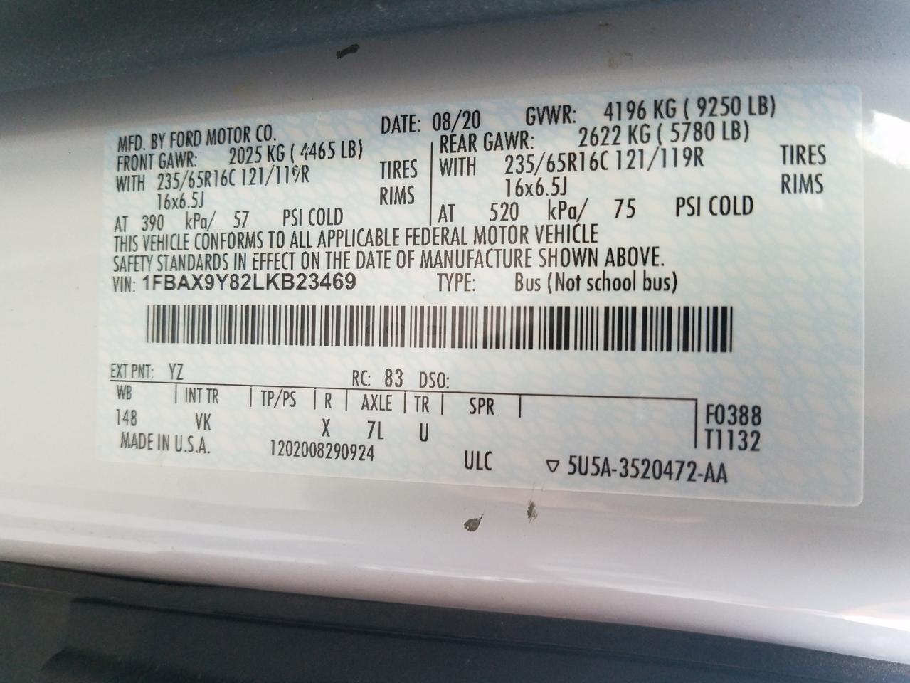 Photo 10 from auction – 2020 FORD TRANSIT T- with VIN 1FBAX9Y82LKB23469