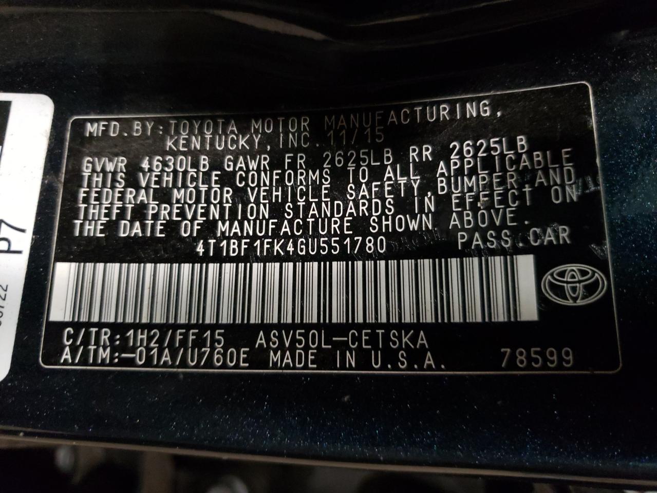 Photo 10 from auction – 2016 TOYOTA CAMRY LE with VIN 4T1BF1FK4GU551780