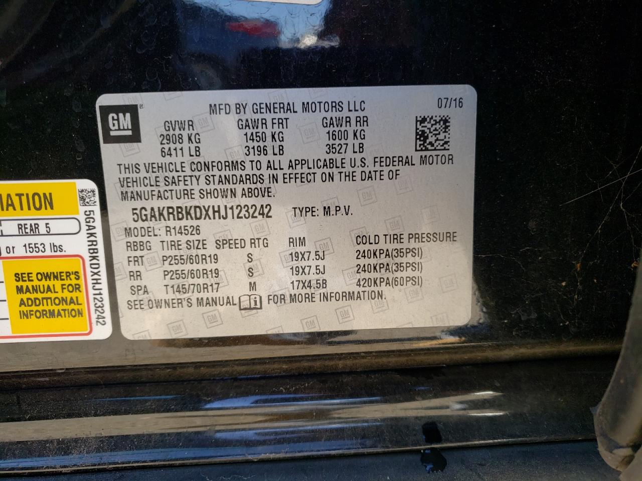 Photo 10 from auction – 2017 BUICK ENCLAVE with VIN 5GAKRBKDXHJ123242