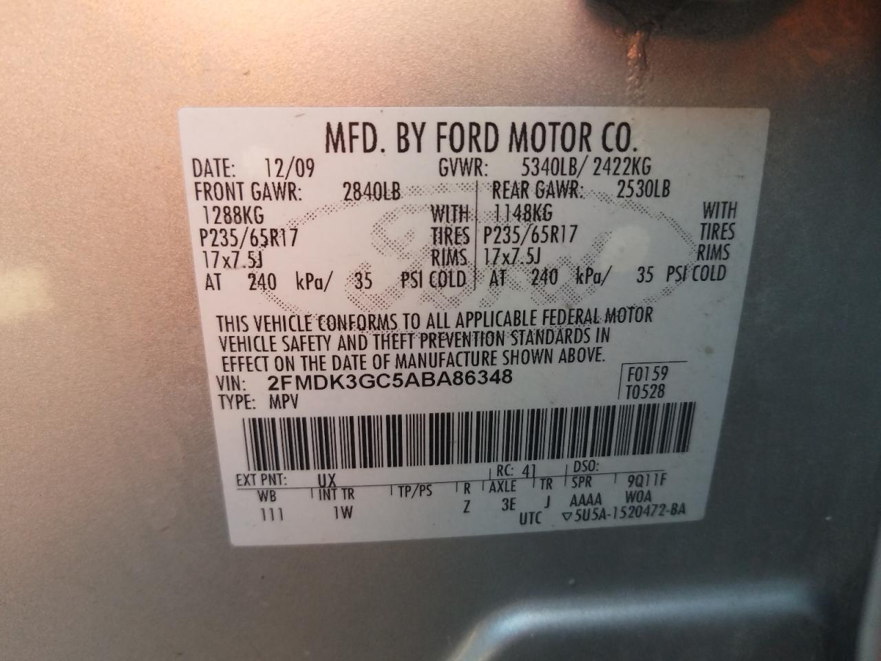 Photo 10 from auction – 2010 FORD EDGE SE with VIN 2FMDK3GC5ABA86348