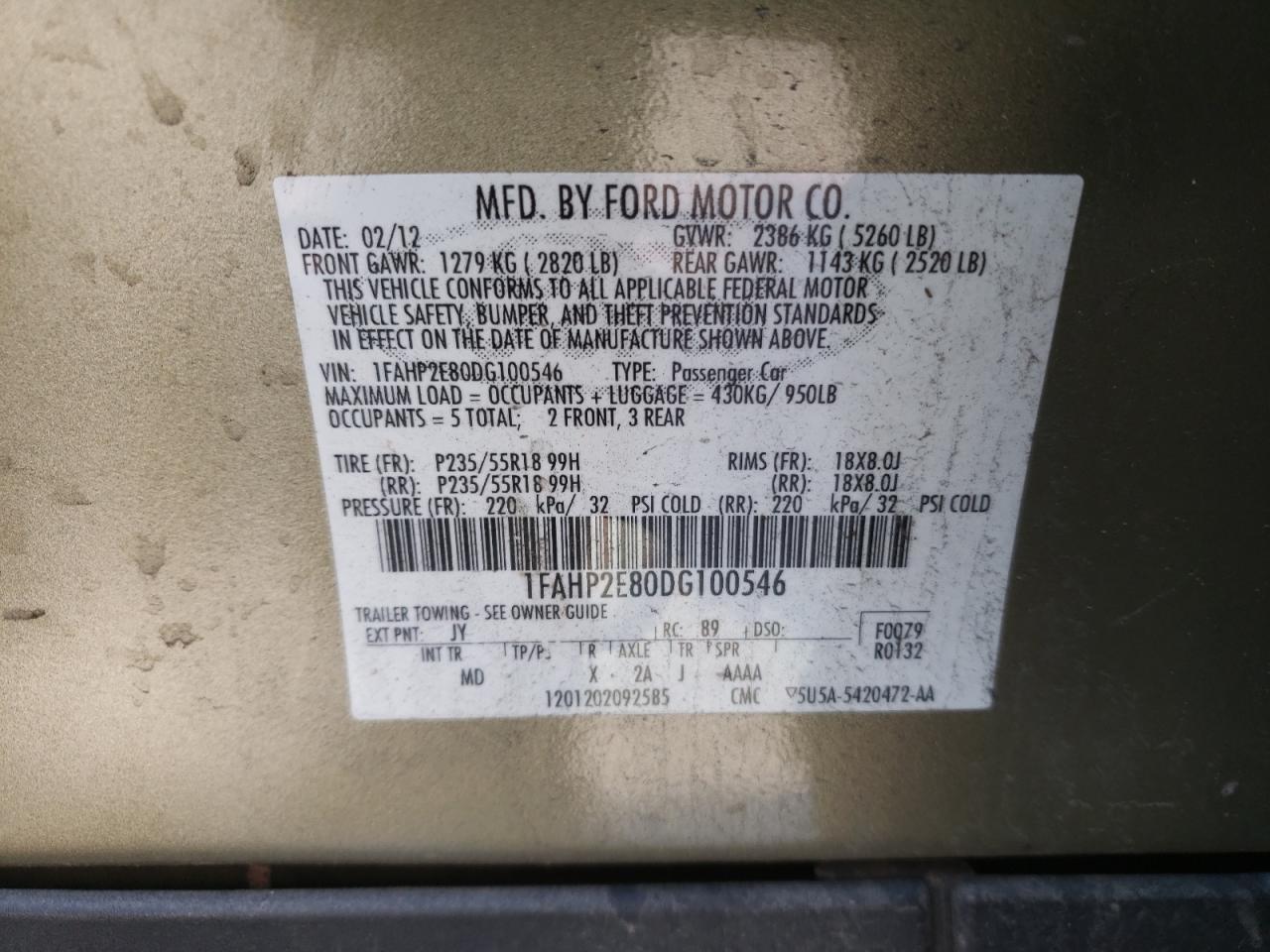 Photo 10 from auction – 2013 FORD TAURUS SEL with VIN 1FAHP2E80DG100546
