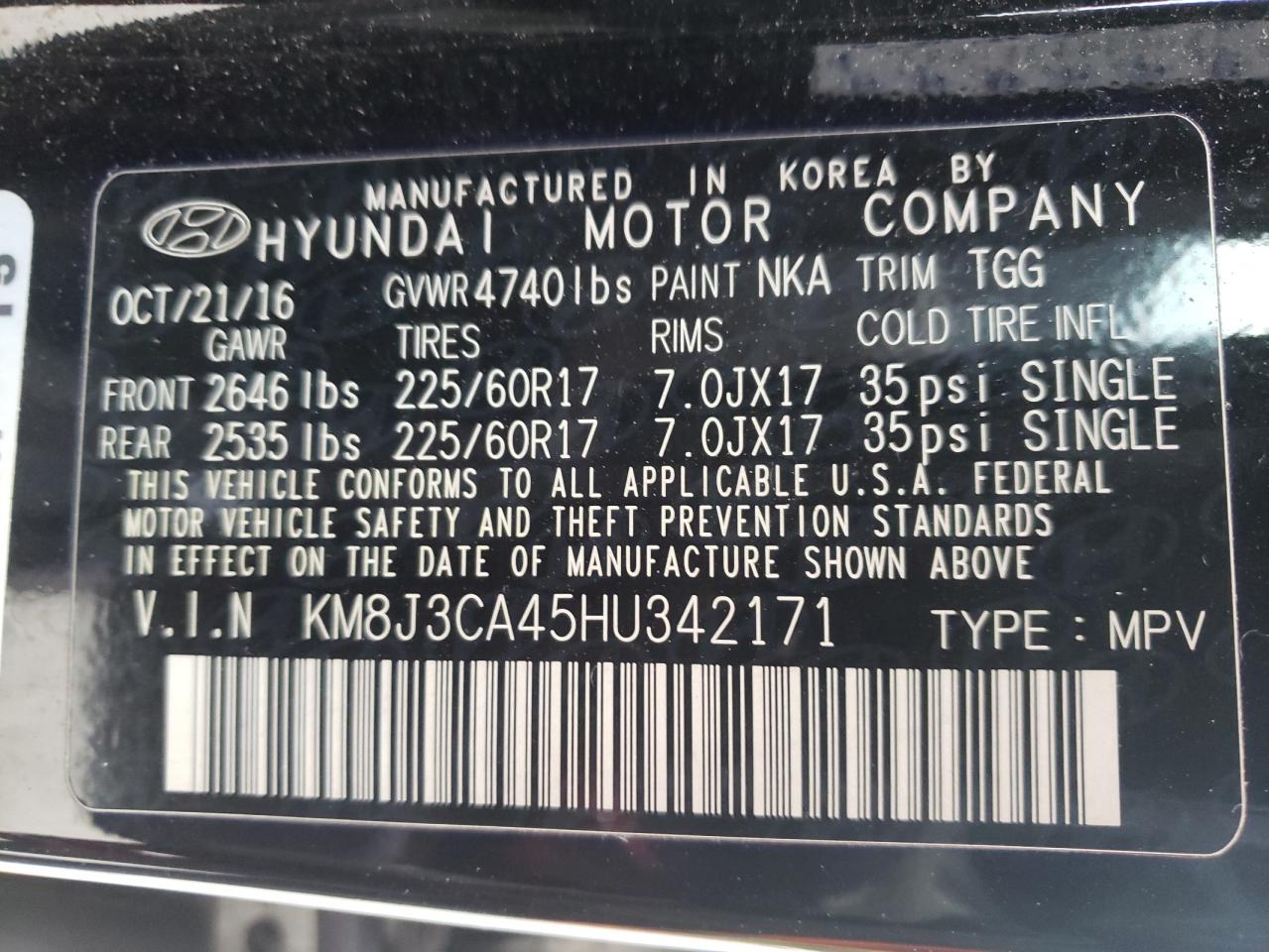 Photo 10 from auction – 2017 HYUNDAI TUCSON LIM with VIN KM8J3CA45HU342171