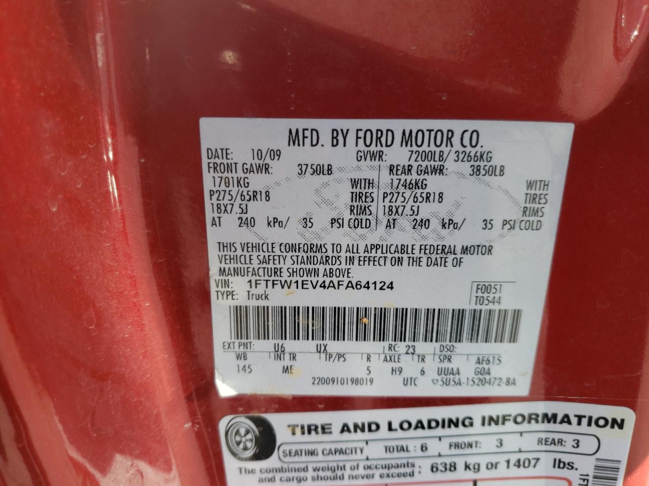 Photo 10 from auction – 2010 FORD F150 SUPER with VIN 1FTFW1EV4AFA64124