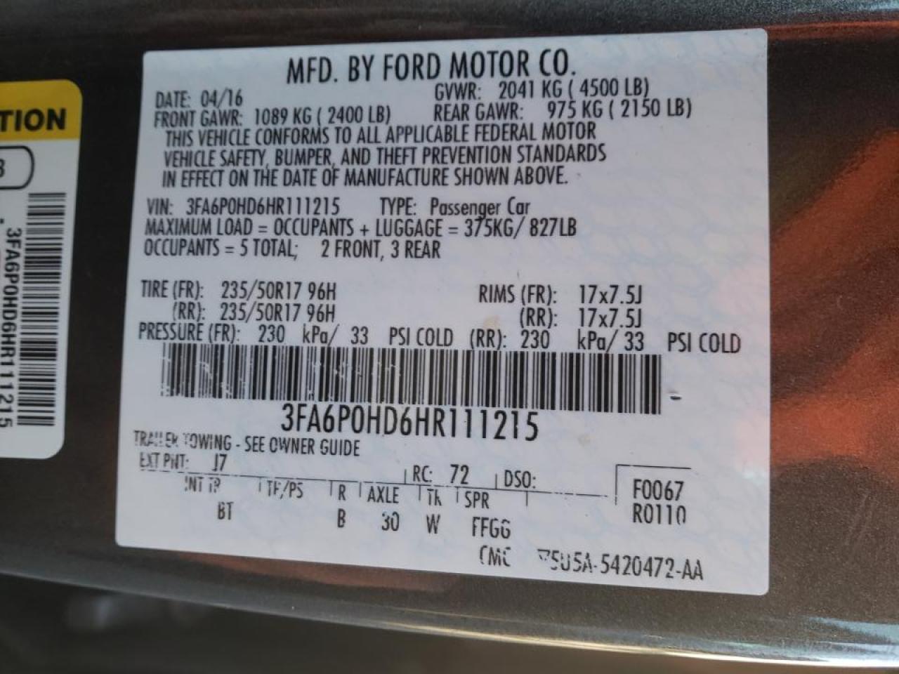 Photo 10 from auction – 2017 FORD FUSION SE with VIN 3FA6P0HD6HR111215
