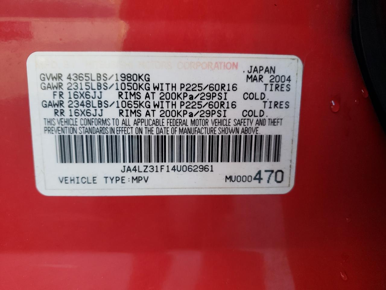 Photo 10 from auction – 2004 MITSUBISHI OUTLANDER with VIN JA4LZ31F14U062961