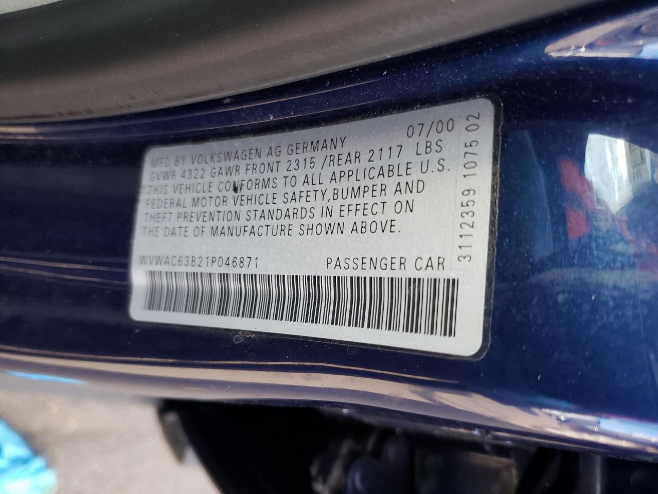 Photo 10 from auction – 2001 VOLKSWAGEN PASSAT GLS with VIN WVWAC63B21P046871