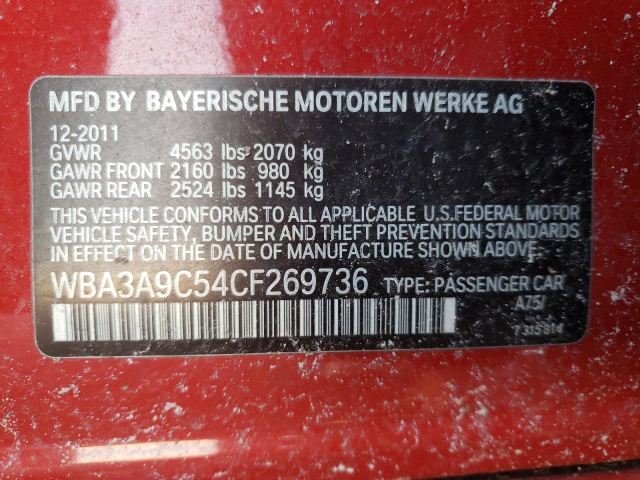 Photo 10 from auction – 2012 BMW 335 I with VIN WBA3A9C54CF269736
