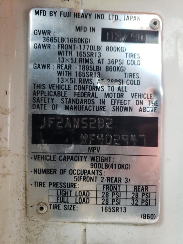 Photo 10 from auction – 1991 SUBARU LOYALE with VIN JF2AN52B2MF402947