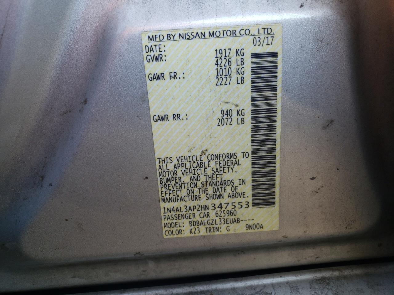 Photo 10 from auction – 2017 NISSAN ALTIMA 2.5 with VIN 1N4AL3AP2HN347553