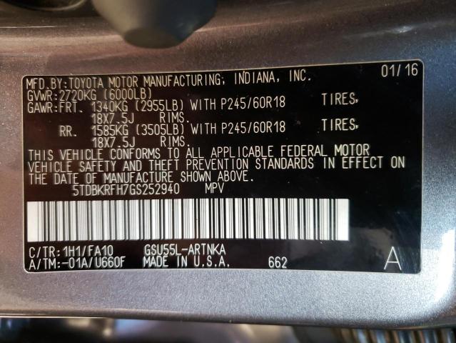 Photo 10 from auction – 2016 TOYOTA HIGHLANDER with VIN 5TDBKRFH7GS252940