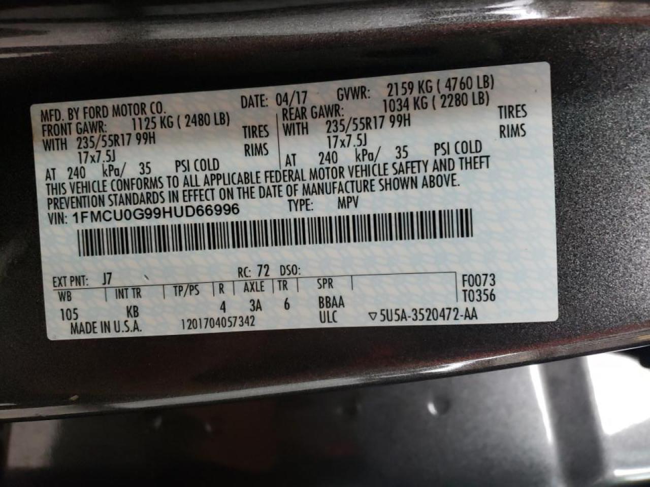 Photo 10 from auction – 2017 FORD ESCAPE SE with VIN 1FMCU0G99HUD66996