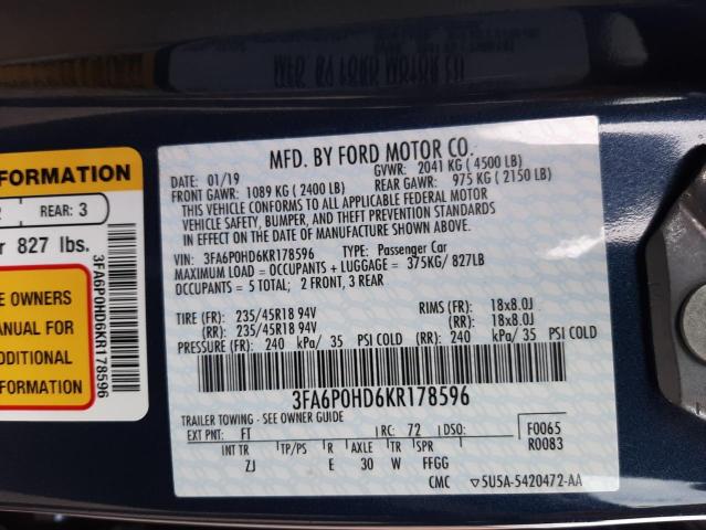 Photo 10 from auction – 2019 FORD FUSION SE with VIN 3FA6P0HD6KR178596