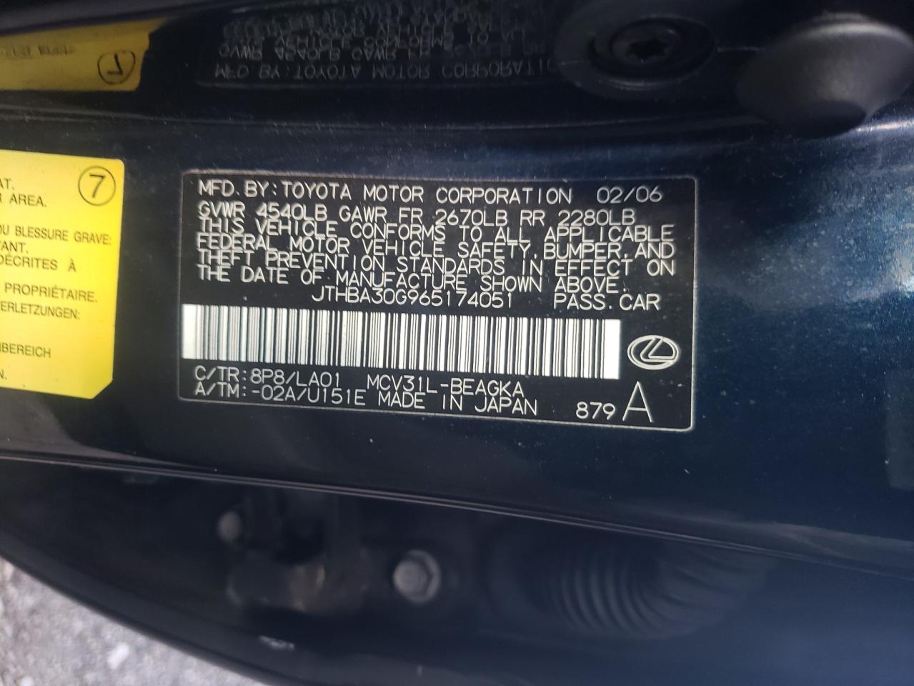 Photo 10 from auction – 2006 LEXUS ES 330 with VIN JTHBA30G965174051