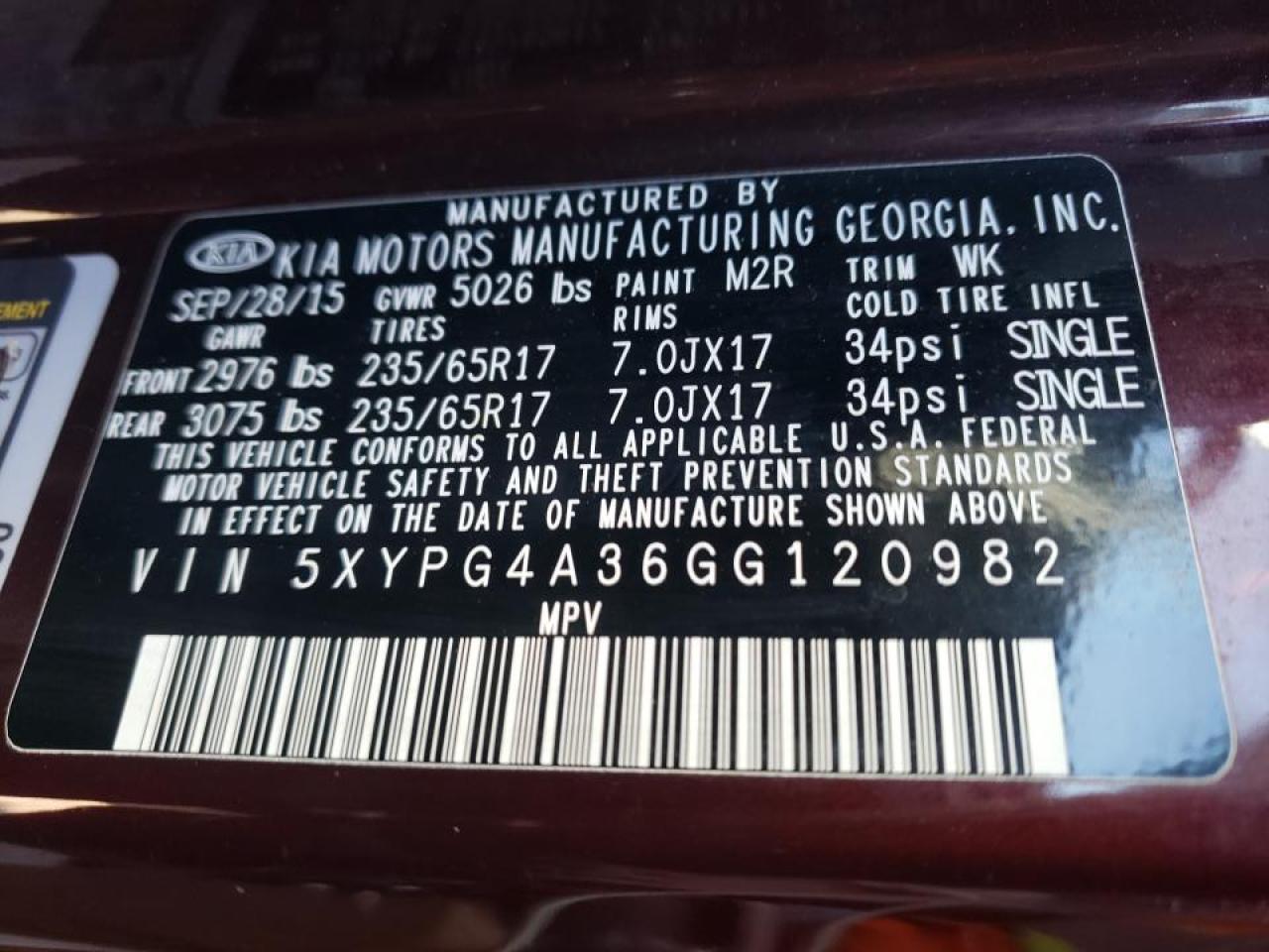 Photo 10 from auction – 2016 KIA SORENTO LX with VIN 5XYPG4A36GG120982