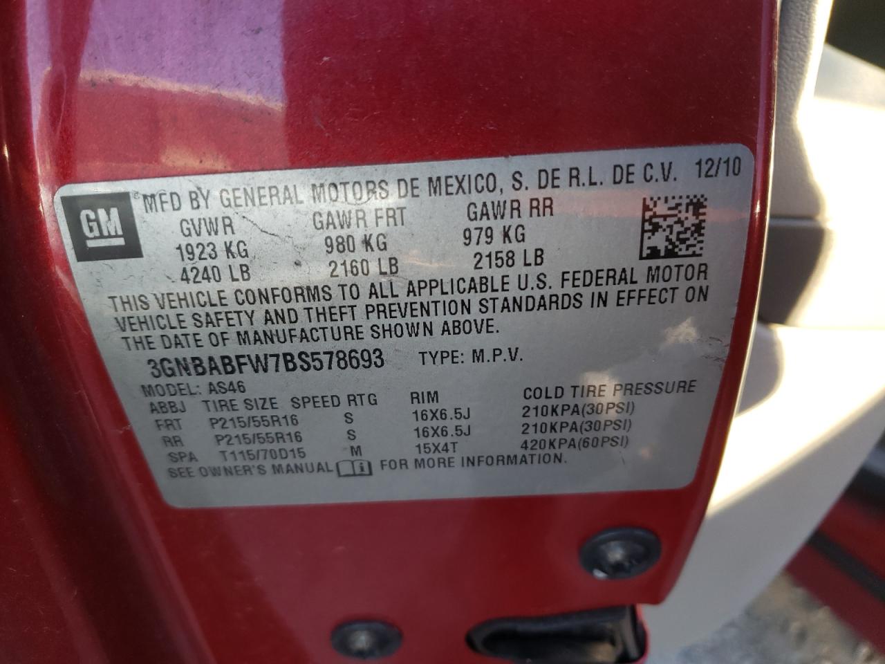 Photo 10 from auction – 2011 CHEVROLET HHR LT with VIN 3GNBABFW7BS578693