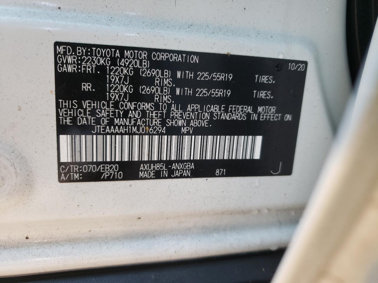 Photo 10 from auction – 2021 TOYOTA VENZA LE with VIN JTEAAAAH1MJ016294