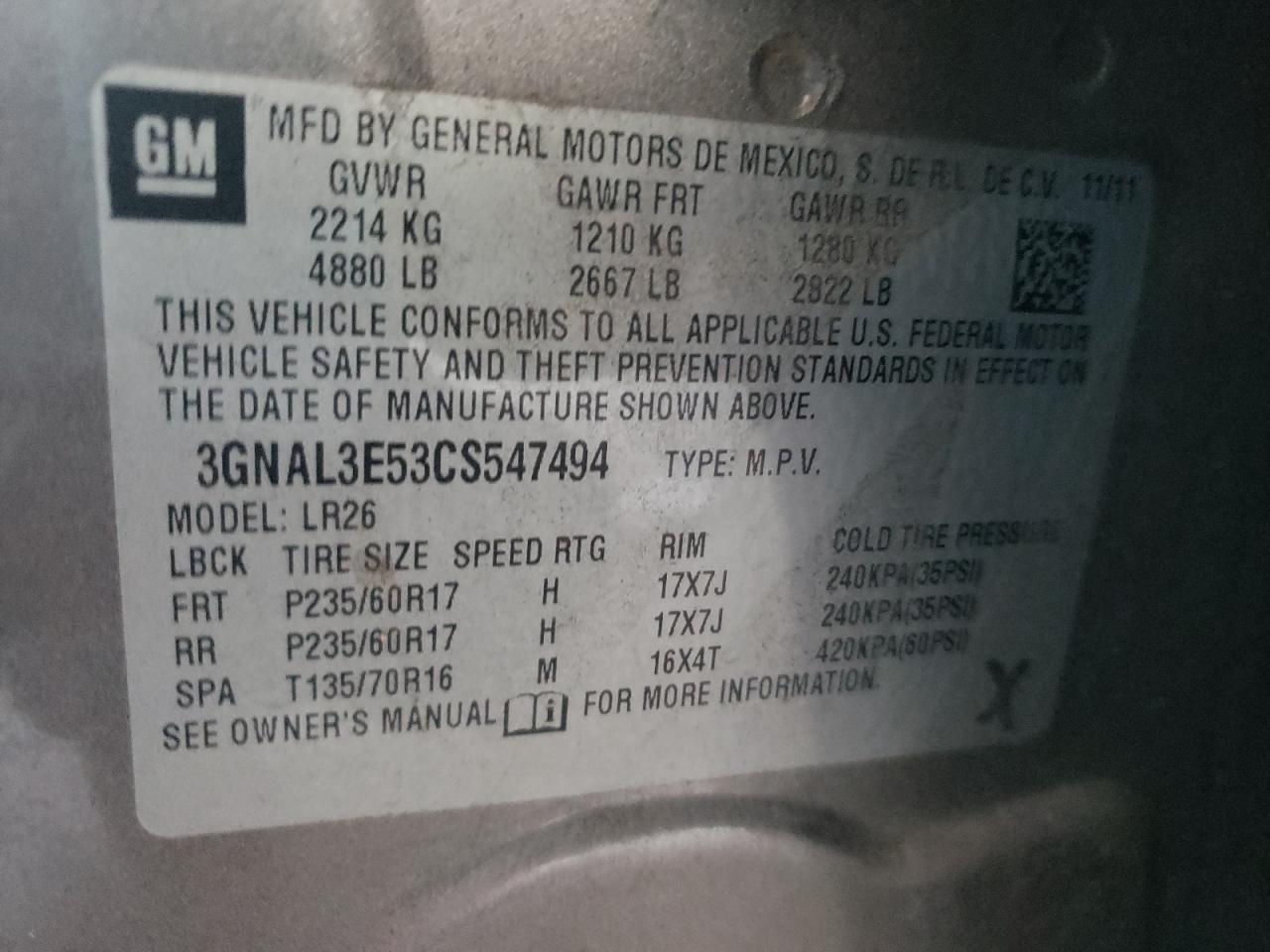 Photo 10 from auction – 2012 CHEVROLET CAPTIVA SP with VIN 3GNAL3E53CS547494