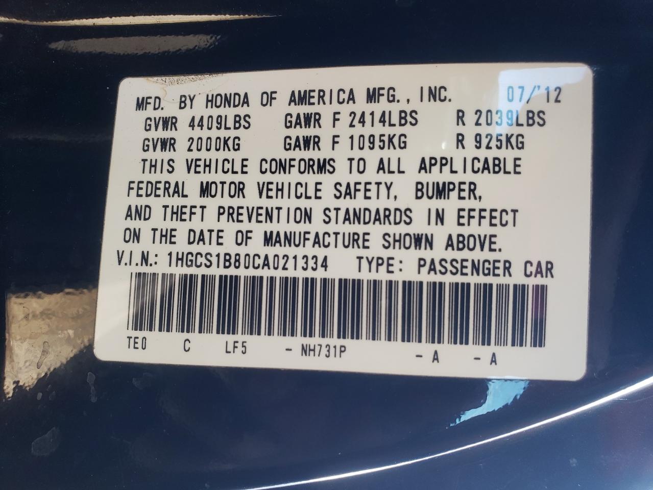Photo 10 from auction – 2012 HONDA ACCORD EXL with VIN 1HGCS1B80CA021334
