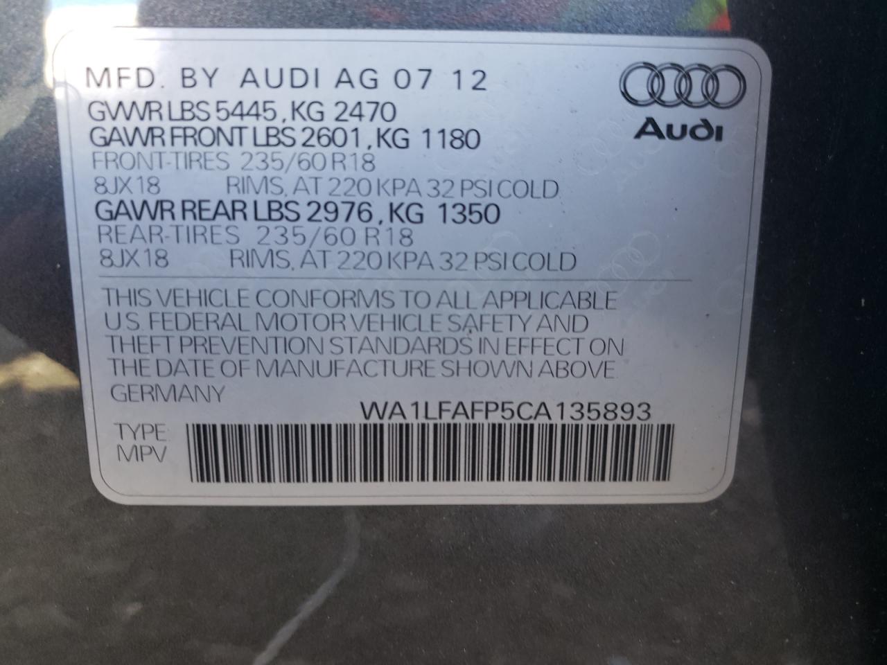 Photo 10 from auction – 2012 AUDI Q5 PREMIUM with VIN WA1LFAFP5CA135893
