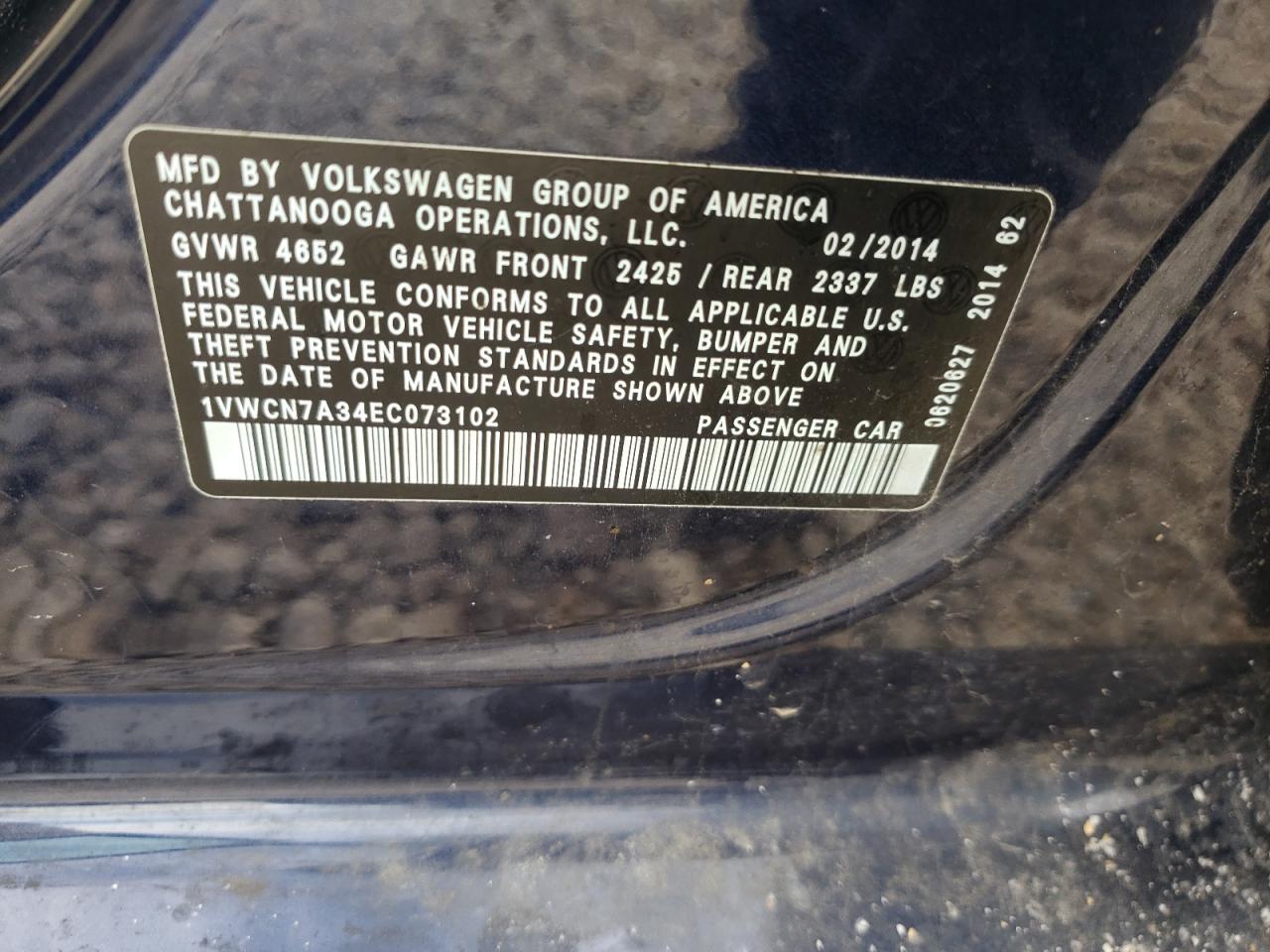 Photo 10 from auction – 2014 VOLKSWAGEN PASSAT SEL with VIN 1VWCN7A34EC073102