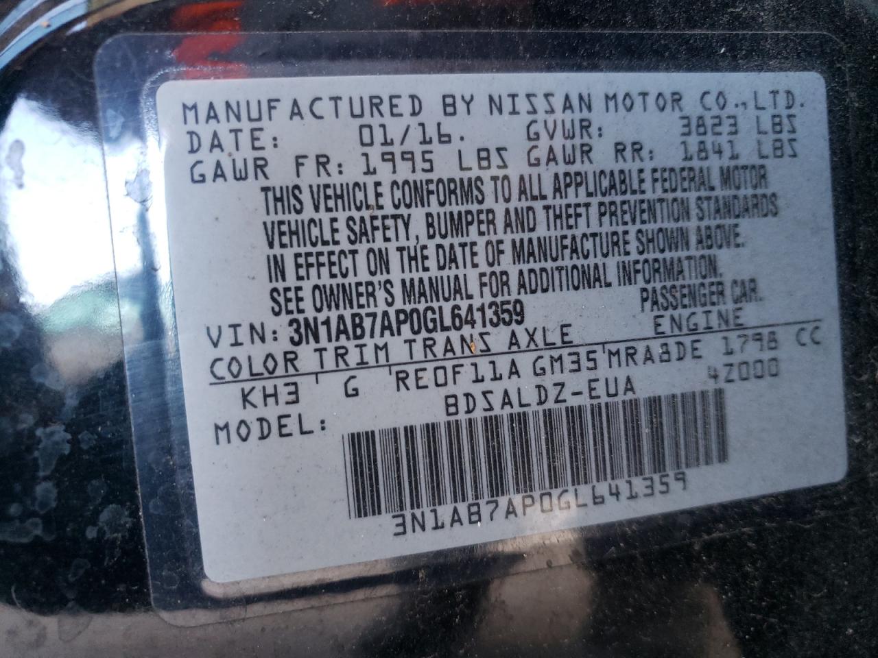 Photo 10 from auction – 2016 NISSAN SENTRA S with VIN 3N1AB7AP0GL641359