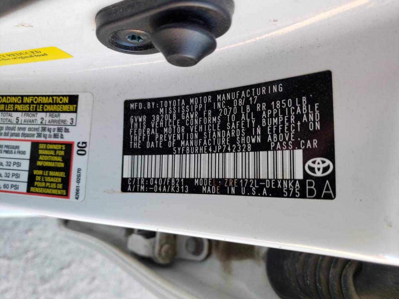 Photo 10 from auction – 2018 TOYOTA COROLLA L with VIN 5YFBURHE4JP742328