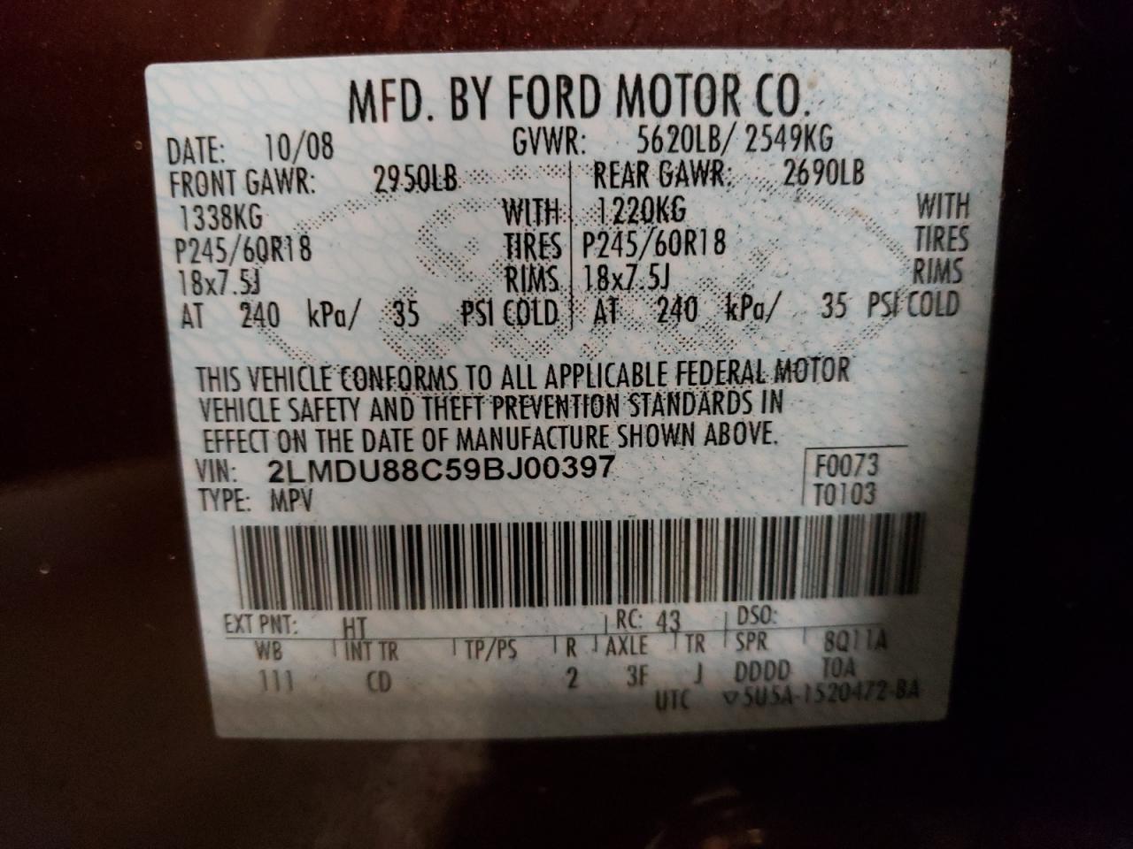 Photo 10 from auction – 2009 LINCOLN MKX with VIN 2LMDU88C59BJ00397