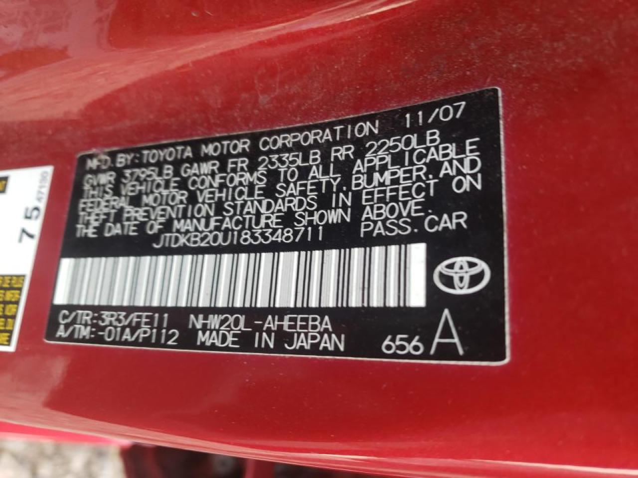 Photo 10 from auction – 2008 TOYOTA PRIUS with VIN JTDKB20U183348711