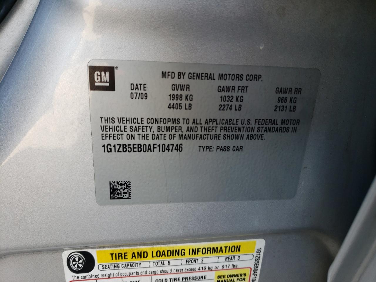 Photo 10 from auction – 2010 CHEVROLET MALIBU LS with VIN 1G1ZB5EB0AF104746