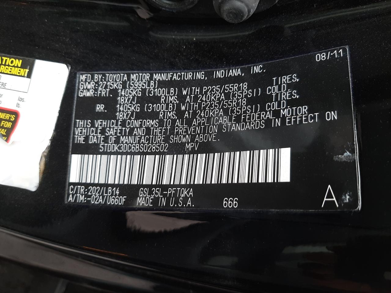 Photo 10 from auction – 2011 TOYOTA SIENNA XLE with VIN 5TDDK3DC6BS028502