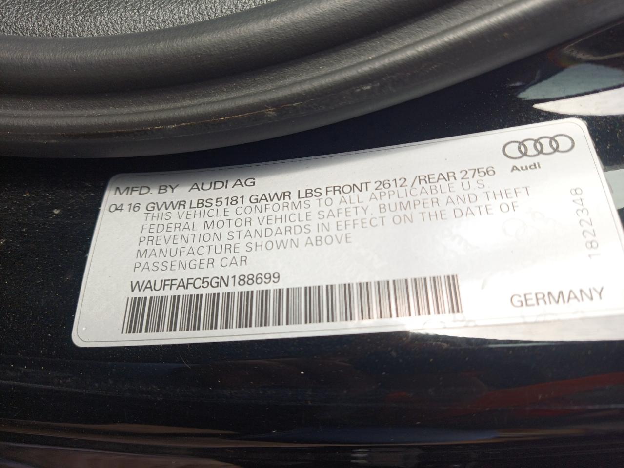 Photo 10 from auction – 2016 AUDI A6 PREMIUM with VIN WAUFFAFC5GN188699