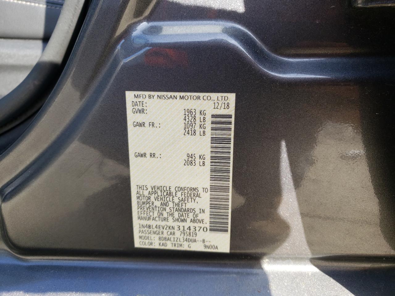 Photo 10 from auction – 2019 NISSAN ALTIMA SL with VIN 1N4BL4EV2KN314370