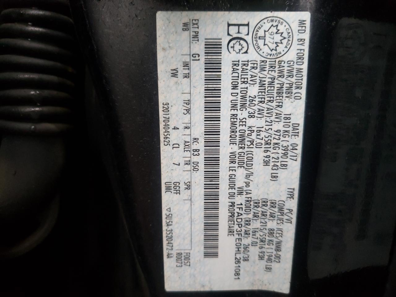 Photo 10 from auction – 2017 FORD FOCUS SE with VIN 1FADP3FE0HL261081