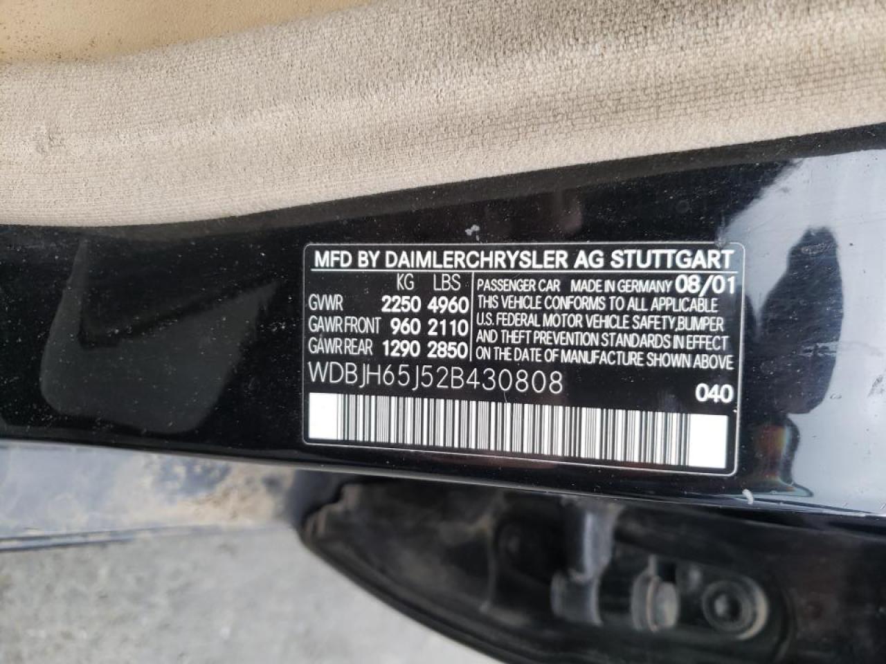 Photo 10 from auction – 2002 MERCEDES-BENZ E320 with VIN WDBJH65J52B430808