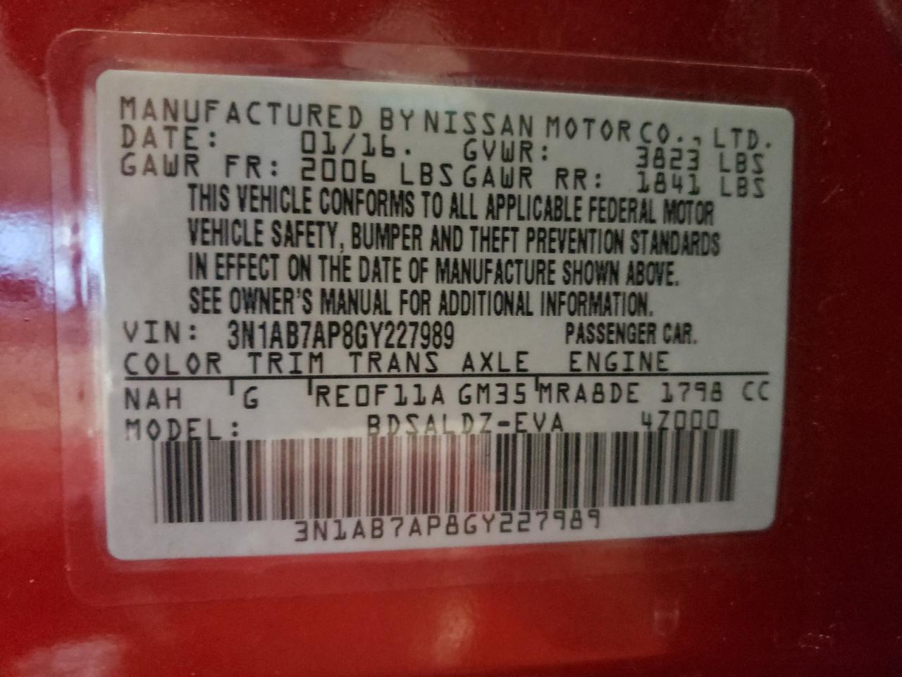Photo 10 from auction – 2016 NISSAN SENTRA S with VIN 3N1AB7AP8GY227989