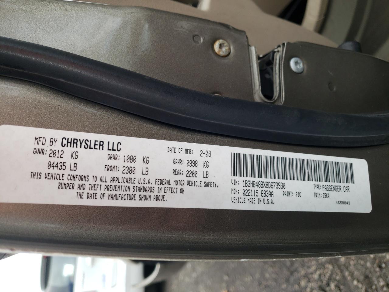 Photo 10 from auction – 2008 DODGE CALIBER SX with VIN 1B3HB48BX8D673930