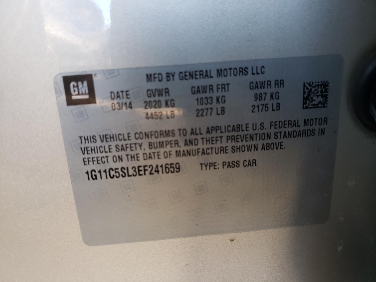 Photo 10 from auction – 2014 CHEVROLET MALIBU 1LT with VIN 1G11C5SL3EF241659