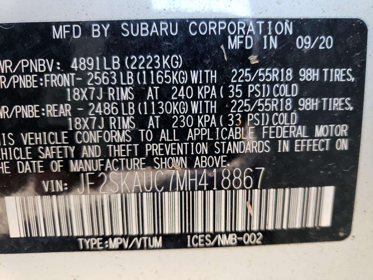 Photo 10 from auction – 2021 SUBARU FORESTER L with VIN JF2SKAUC7MH418867