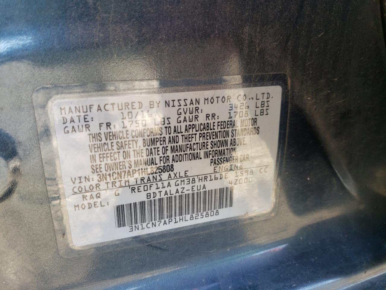 Photo 10 from auction – 2017 NISSAN VERSA S with VIN 3N1CN7AP1HL825808