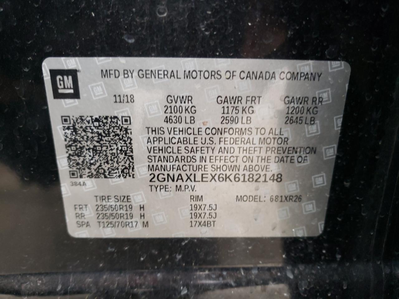 Photo 10 from auction – 2019 CHEVROLET EQUINOX LT with VIN 2GNAXLEX6K6182148