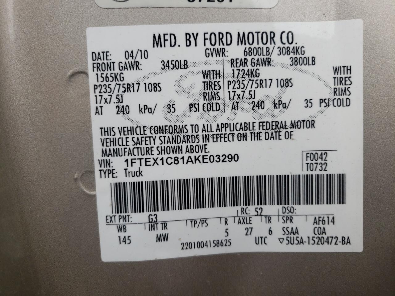 Photo 10 from auction – 2010 FORD F150 SUPER with VIN 1FTEX1C81AKE03290