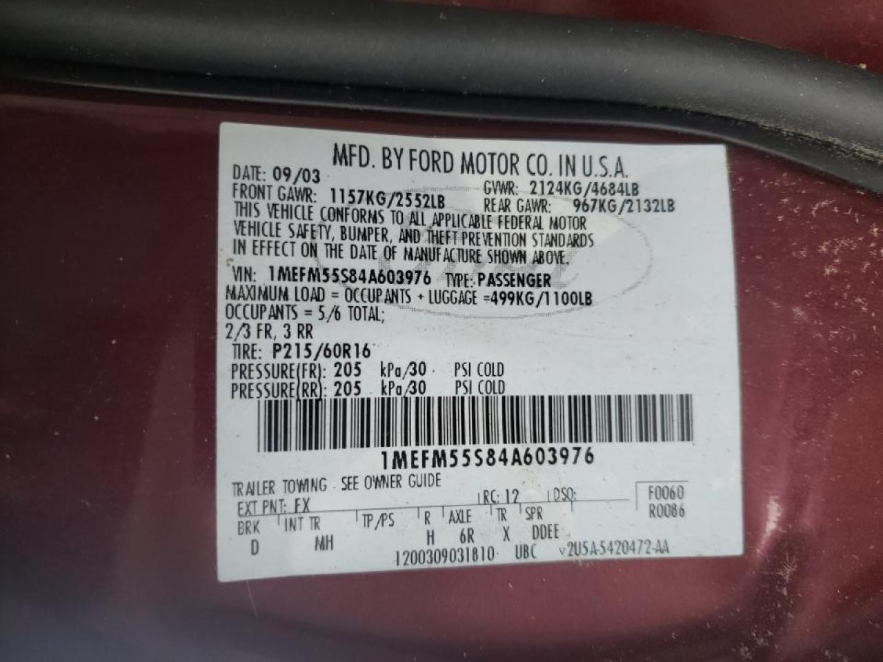 Photo 10 from auction – 2004 MERCURY SABLE with VIN 1MEFM55S84A603976